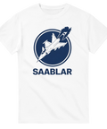 Illustrerat stridsflygplan i cirkel med texten Saablar på vit t-shirt