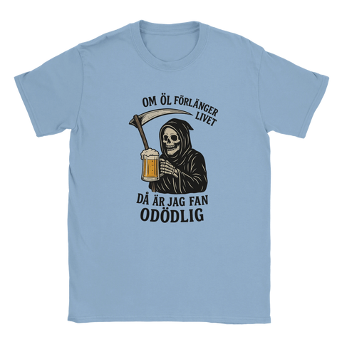 Humoristiskt motiv av döden med en ölsejdel – ljusblå t-shirt