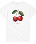 Vit t-shirt med botanisk illustration av två röda körsbär