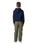 Child wearing a navy blue fleece hoodie, back view