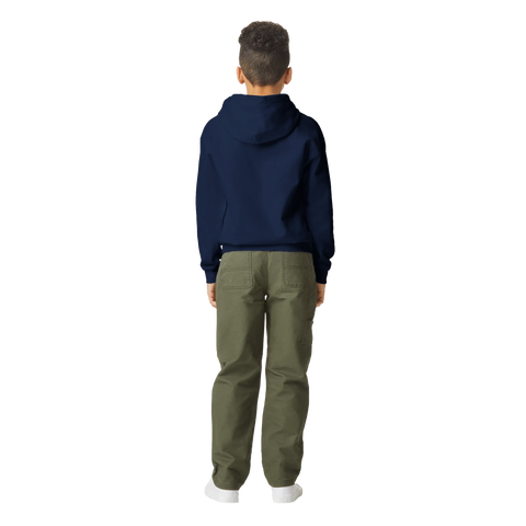 Child wearing a navy blue fleece hoodie, back view