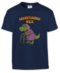 Grannysaurus Rex-tryck med tecknad dinosaurie i lila klänning och rullator på marinblå barntröja.