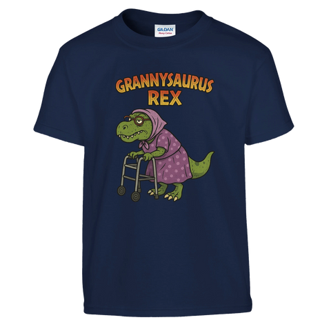 Grannysaurus Rex-tryck med tecknad dinosaurie i lila klänning och rullator på marinblå barntröja.