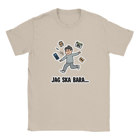 Sandfärgad t-shirt med skämtsam illustration av en person som skjuter upp saker