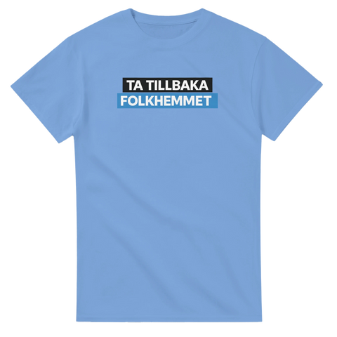 Ljusblå tröja med grafiskt tryck Ta tillbaka folkhemmet i blockdesign