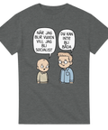 Politisk satir illustration på mörkgrå t-shirt med texten du kan inte bli båda