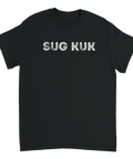 Svart t-shirt med vitt Sug Kuk tryck i sliten vintage-stil