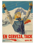 Närbild på en retro poster föreställande en person i skidkläder, en linbana och text i rött mot en beige bakgrund.