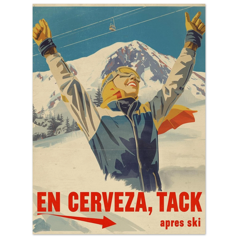 Närbild på en retro poster föreställande en person i skidkläder, en linbana och text i rött mot en beige bakgrund.