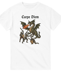 T-shirt med Carpe Diem Middle Ages, balanserad komposition, neutral bakgrund, harmonisk vikt