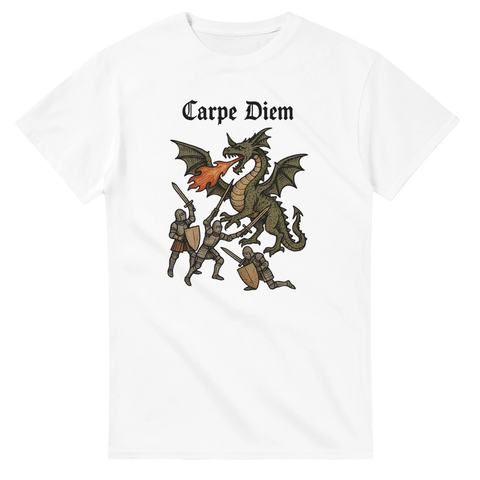 T-shirt med Carpe Diem Middle Ages, balanserad komposition, neutral bakgrund, harmonisk vikt