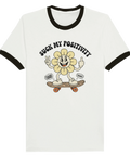 Illustration av skejtande blomma med kaxigt budskap på vit ringer-t-shirt