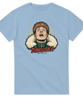 Grafiskt tryck med rymdmysterium och vintage-känsla på ljusblå t-shirt