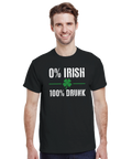 0% Irish, 100% Drunk" text med grön klöver på svart t-shirt.