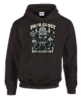 Papa Ghost "Satanic Symphony" svart katt-demon med horn, stav, öga på mörkbrun hoodie.