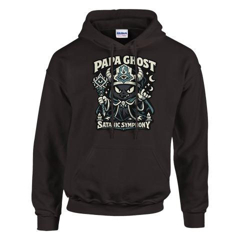 Papa Ghost "Satanic Symphony" svart katt-demon med horn, stav, öga på mörkbrun hoodie.
