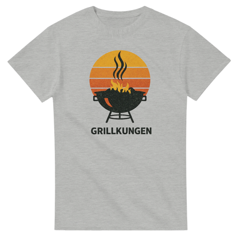 Gråmelerad t-shirt med ett detaljrikt tryck av en tänd grill