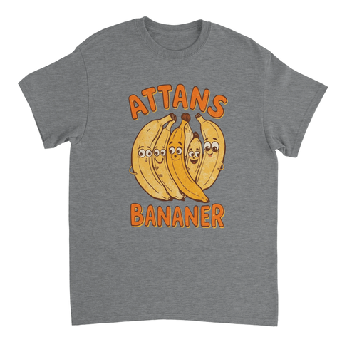 Skojigt motiv med bananer i serietidningsstil och citat på mörkgrå t-shirt