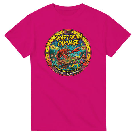 Humoristiskt motiv med flyende festdeltagare och en kräfta – rosa t-shirt
