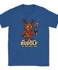 Julmotiv t-shirt i blått med tecknad Rudolf ren som ser psykotisk ut