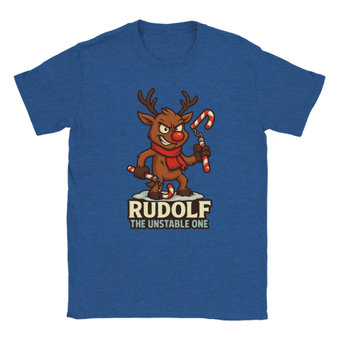 Julmotiv t-shirt i blått med tecknad Rudolf ren som ser psykotisk ut