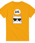 Cool katt med solglasögon och "LOL" i pratbubbla på gul t-shirt.