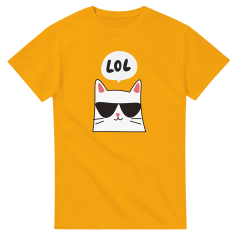 Cool katt med solglasögon och "LOL" i pratbubbla på gul t-shirt.