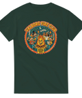Grafiskt tryck med vårkänsla och studentikos humor på en mörkgrön t-shirt