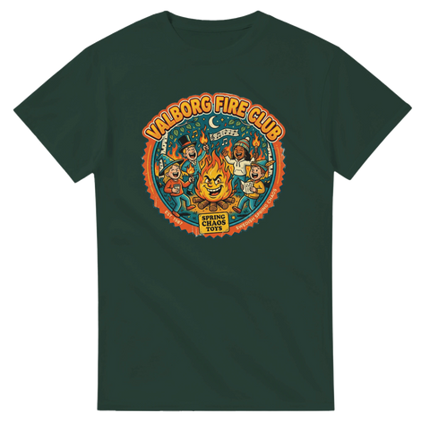 Grafiskt tryck med vårkänsla och studentikos humor på en mörkgrön t-shirt