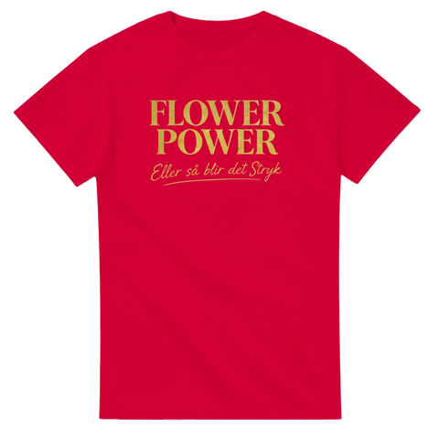 Kaxig t-shirt med text i guld på röd bakgrund för humor