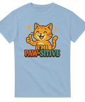 Ljusblå t-shirt med samma motiv: glad katt med tummen upp och texten "I'm Paw-sitive".