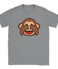 Grå t-shirt med en ironisk illustration av en apa som gömmer ansiktet