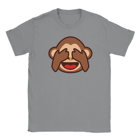 Grå t-shirt med en ironisk illustration av en apa som gömmer ansiktet