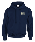 Marinblå hoodie med nostalgisk typografi och ett tydligt statement