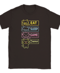 T-shirt med färgglad illustration av katter som äter sover och spelar