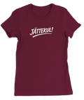 Vinröd t-shirt med grafiskt statement och självironisk underton