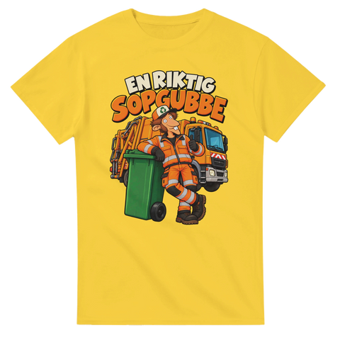 Humoristisk design för miljöarbetare med sopbilsmotiv – gul t-shirt