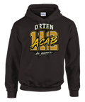 ORTEN 112 ACAB din mamma" tryck i guld/vitt på mörkbrun hoodie.