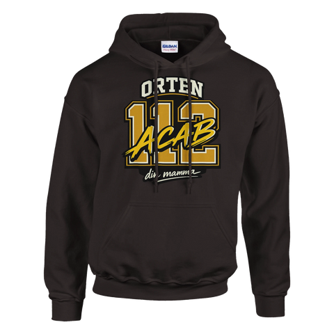 ORTEN 112 ACAB din mamma" tryck i guld/vitt på mörkbrun hoodie.