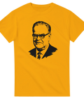 Ikoniskt tryck av Tage Erlander på gul t-shirt – svensk politisk historia