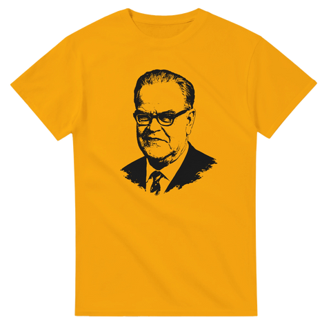 Ikoniskt tryck av Tage Erlander på gul t-shirt – svensk politisk historia