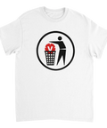 Politisk satir med Vänsterpartiets logotyp i en papperskorg – vit grafisk t-shirt