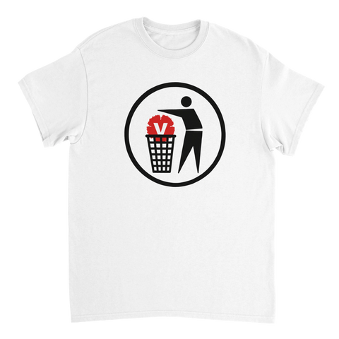 Politisk satir med Vänsterpartiets logotyp i en papperskorg – vit grafisk t-shirt
