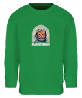 Barnsweatshirt med en absurd mjaustronaut-illustration på grön bakgrund