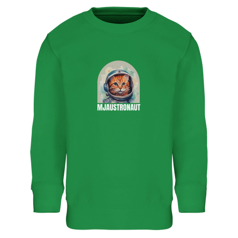 Barnsweatshirt med en absurd mjaustronaut-illustration på grön bakgrund