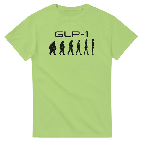 Silhuetter som visar en viktresa under GLP-1 text – humoristiskt tryck på limegrön t-shirt