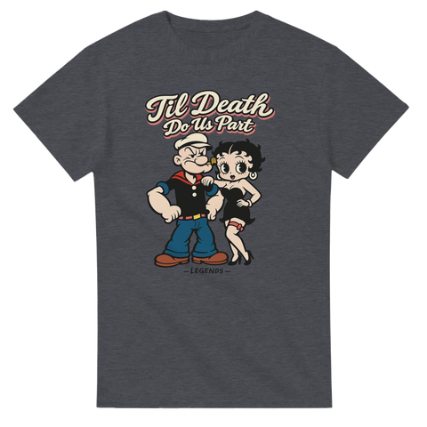 Popeye och Betty Boop "Til Death Do Us Part" på mörkgrå t-shirt.