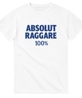 Vit t-shirt med blå texten "Absolut Raggare 100%", perfekt för raggare som gillar humor och klassisk raggarkultur