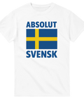 Vit t-shirt med svensk flagga och texten "Absolut Svensk"