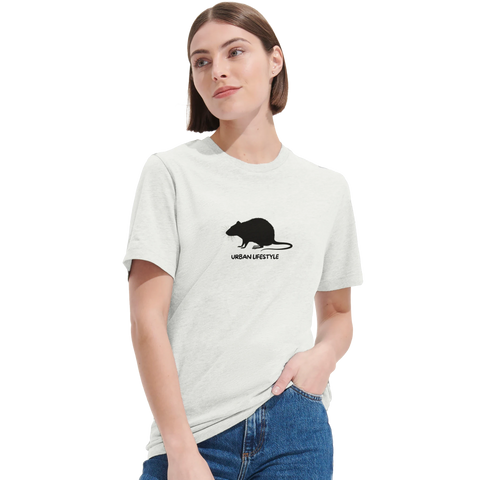 Svart råttsiluett med "URBAN LIFESTYLE" text på vit triblend t-shirt.